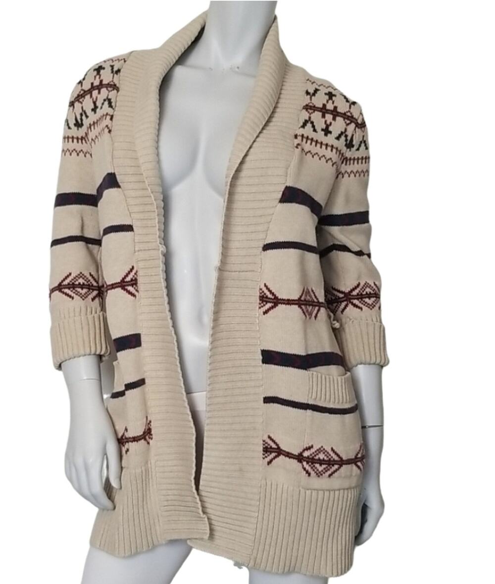 Bob Timberlake SZ Medium Cardigan Sweater Tan Scandinavian Print 3/4 Sleeve